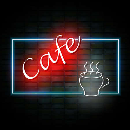 Vector illustration of neon cafe sign on a brick wallのイラスト素材