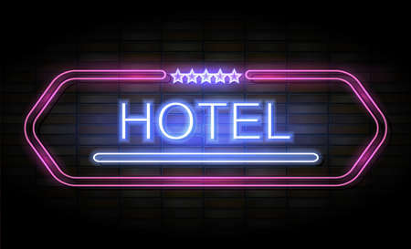 Vector illustration of Hotel neon sign on brick wallのイラスト素材