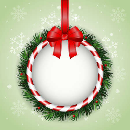 Vector illustration of Christmas greeting card with Christmas wreath and red ribbonのイラスト素材