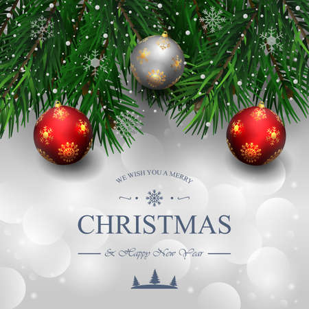 Vector illustration of Merry Christmas and happy new year background with tree branch and christmas ballのイラスト素材