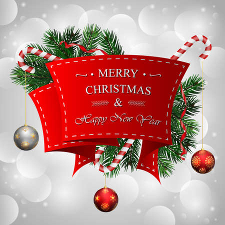 Christmas background with red ribbon and hanging ballのイラスト素材