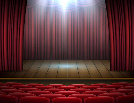 Vector illustration of Premium red curtains stage, theater or opera background with spotlightのイラスト素材
