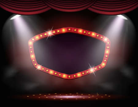 Vector illustration of Signboard retro style with lamps and curtain. Vintage banner with light bulbsのイラスト素材