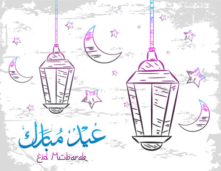 Eid mubarak greeting card on doodle styleのイラスト素材