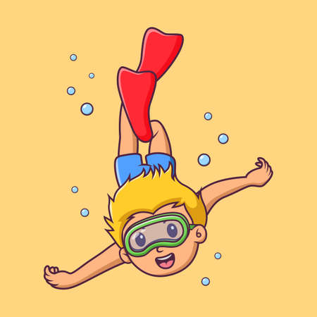 Cartoon little boy scuba diver, Cute cartoon boy diving in summer, vector cartoon illustrationのイラスト素材