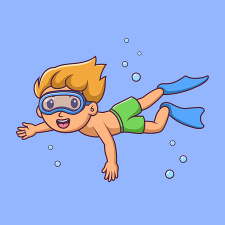 Cartoon little boy scuba diver, Cute cartoon boy diving in summer , vector cartoon illustrationのイラスト素材