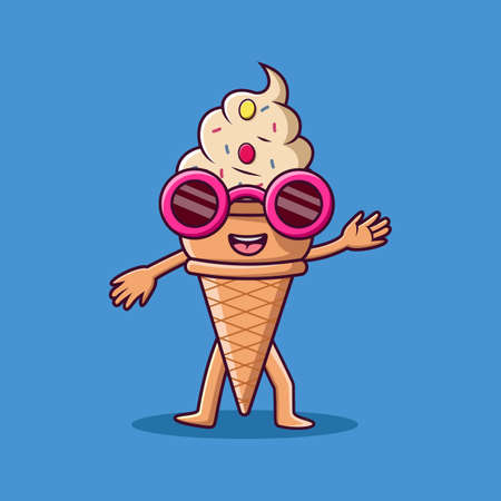 Colorful ice cream cartoon character with legs and hands using glasses, Cartoon ice cream in summer holiday, vector cartoon illustrationのイラスト素材