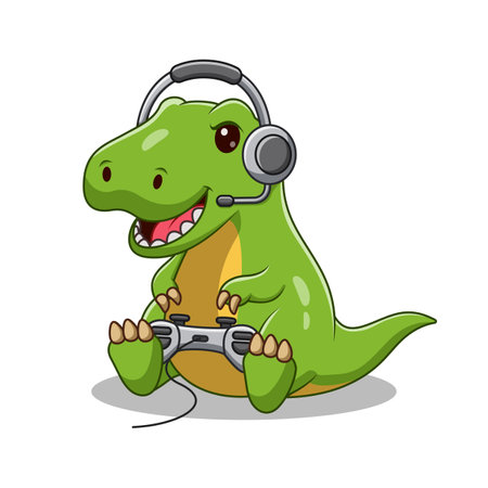 Dinosaur Cartoon Play a Game, Video Games Controller Nerd Geek, Gamer T-rex Cartoonのイラスト素材