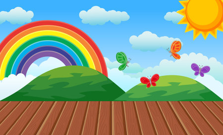 Wood Floor with Butterfly and Rainbow in the Skyのイラスト素材