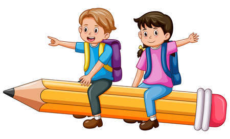Vector illustration of happy school kids riding a flying pencil isolated on white backgroundのイラスト素材