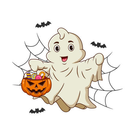Cute spooky flying ghosts hold pumpkin bucket with candiesのイラスト素材