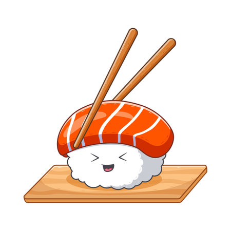 Cute Sushi With Chopstick Cartoon. Food Icon Concept. Flat Cartoon Style. Suitable for Web Landing Page, Banner, Flyer, Sticker, Cardのイラスト素材