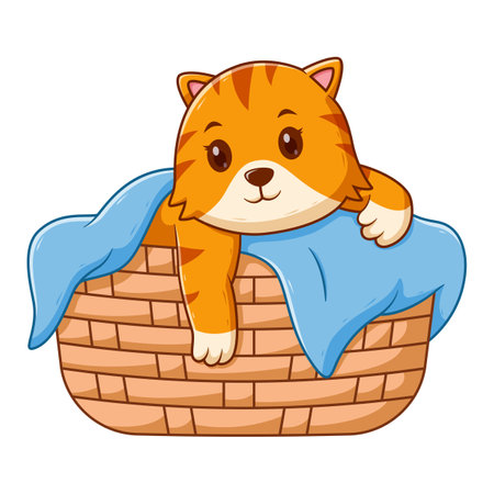 Cute Cat in the Basket. Animal Icon Concept. Flat Cartoon Style. Suitable for Web Landing Page, Banner, Flyer, Sticker, Cardのイラスト素材