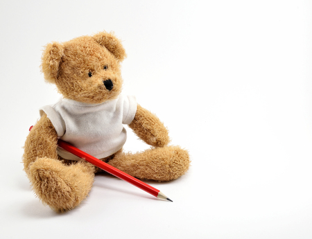 Brown Teddy bear toy with drawing pencil.の写真素材