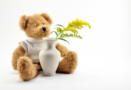 A brown Teddy bear toy and a twig with yellow flowers in a clay vase.の写真素材
