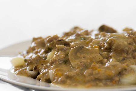 Stew with mushrooms and pasta on white background.の写真素材