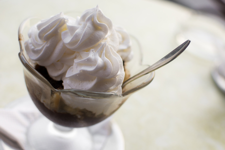 Traditional hungarian dessert, somloi galuska, with whipped cream.の写真素材