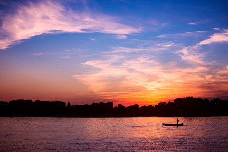 Beautiful sunset on Danube river in Serbia, landscape with sunset sky.の写真素材