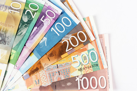 Serbian dinar banknotes paper currency, cash on white background.の写真素材