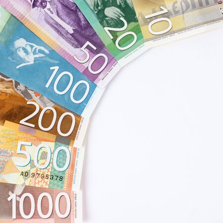 Colorful Serbian dinar banknotes, paper money on white background.