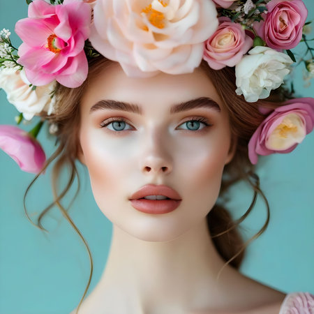Beautiful fashion model has colorful flowers in her hair, beauty portrait.の素材