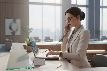 The young female secretary is typing on laptop and calling phone on the reception of modern business building.の素材