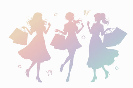 Silhouette with gradient pastel colors of happy trendy women in shopping.の素材