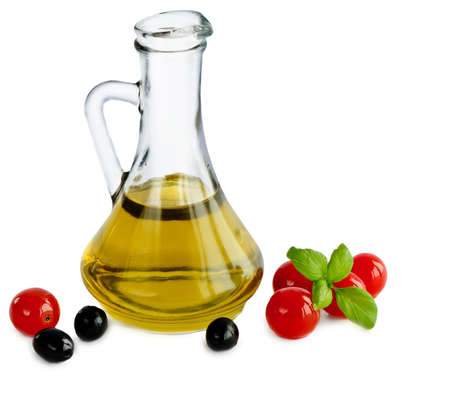 Olive oil and tomatoes isolated on white backgroundの写真素材
