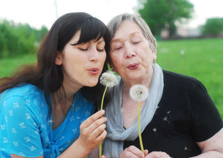 Happy grandmother and grand daughter with dandelions on the meadowの写真素材