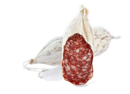 spicy Italian salami sausage  isolated on white backgroundの写真素材