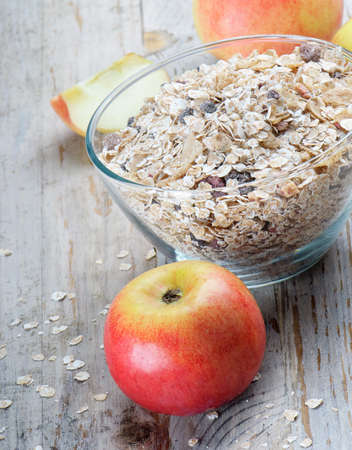 Healthy breakfast - muesli and applesの写真素材