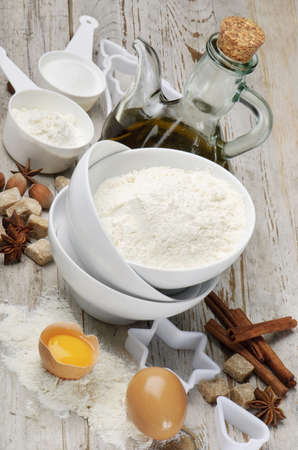 Baking Ingredients: meal,sugar,eggs,spices,"olive oil"の写真素材
