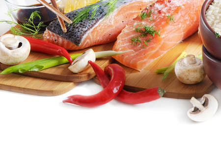 salmon steak with rice, vegetables and soy sauceの写真素材