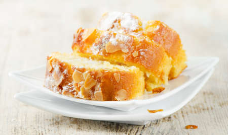 fruitcake on a wooden tableの写真素材