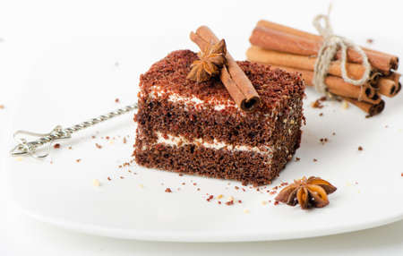 chocolate cake on a white plateの写真素材