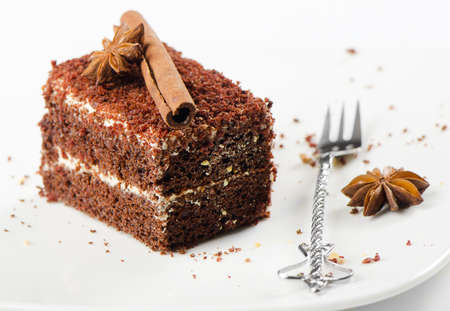chocolate cake on a white plateの写真素材