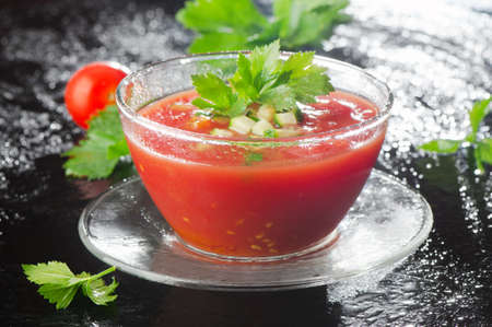 Cold Gazpacho soup in glassの写真素材
