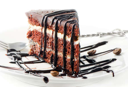 Dark chocolate cake isolated on whiteの写真素材