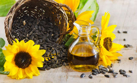 Sunflower oil and sunflower seedsの写真素材