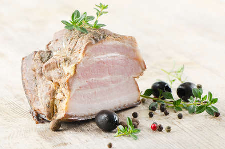 Bacon  on a wooden tableの写真素材