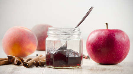fruits  jam on wooden tableの写真素材