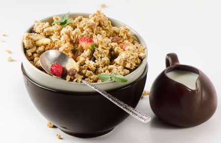 Healthy breakfast - muesli and milkの写真素材