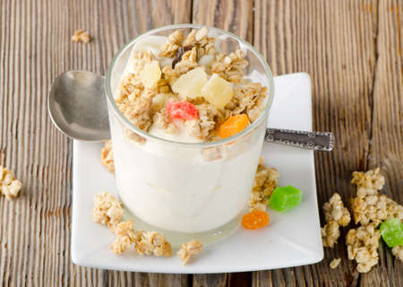 Healthy breakfast - yogurt with muesliの写真素材