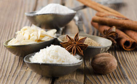Spices  spices for a cake on  wooden tableの写真素材