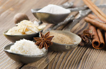 Spices  spices for a cake on  wooden tableの写真素材