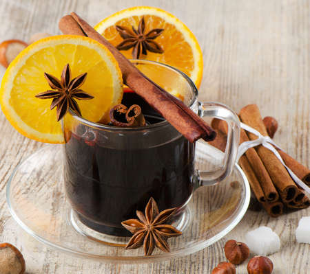 mulled wine  on a wooden tableの写真素材