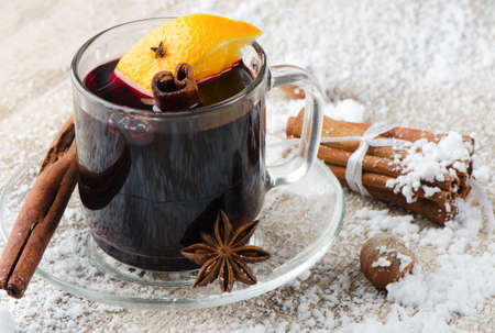 mulled wine  on a wooden tableの写真素材