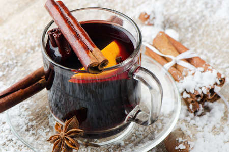 mulled wine with spices  and orangeの写真素材
