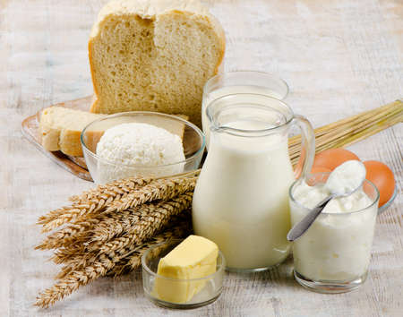 Eggs, bread and dairy productsの写真素材