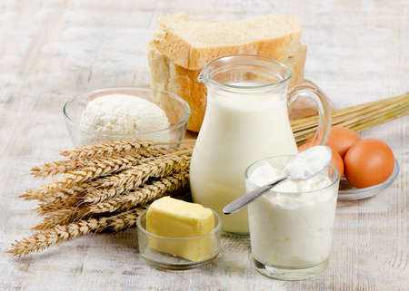 Eggs, bread and dairy productsの写真素材